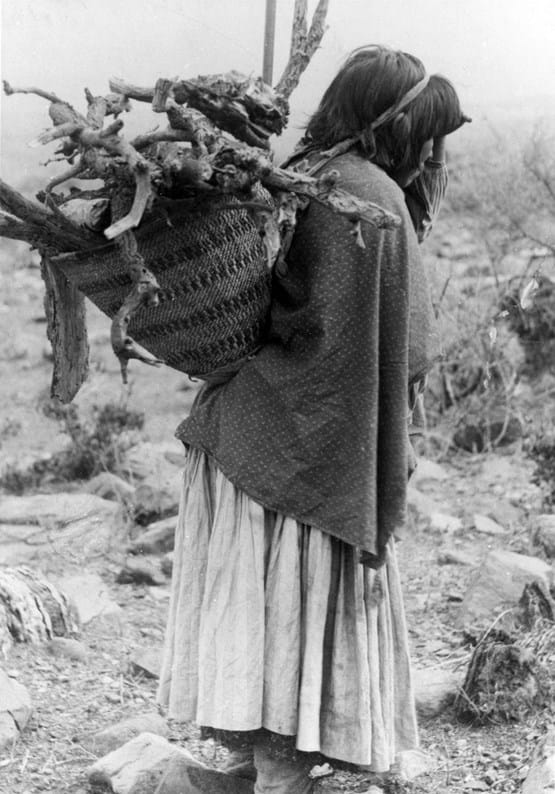 Shoshoni-Bannock woman at Fort Hall carrying wood on back, 1036-3e, Idaho State Archives